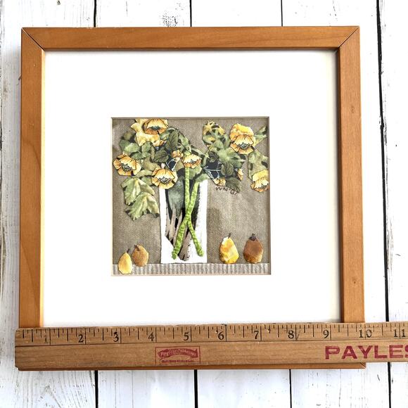 Fabric Collage by Wilda Northrop Yellow Flowers & Pear Signed Textile Art Floral - Picture 13 of 16